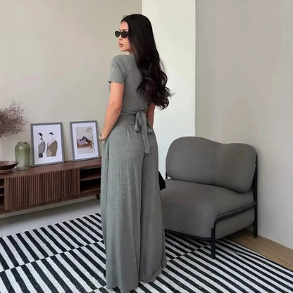 V Neck Wrap Top & High Waist Wide Leg Pants Set